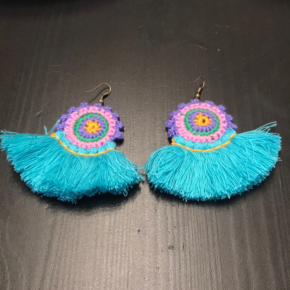 Teal Bohemian Tassel Earrings